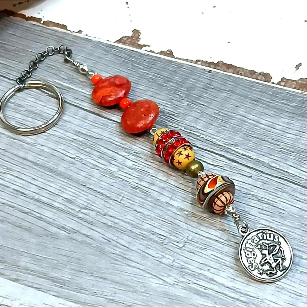Sagittarius Beaded Key Chain, Zodiac Gemstone Crystal Bohemian